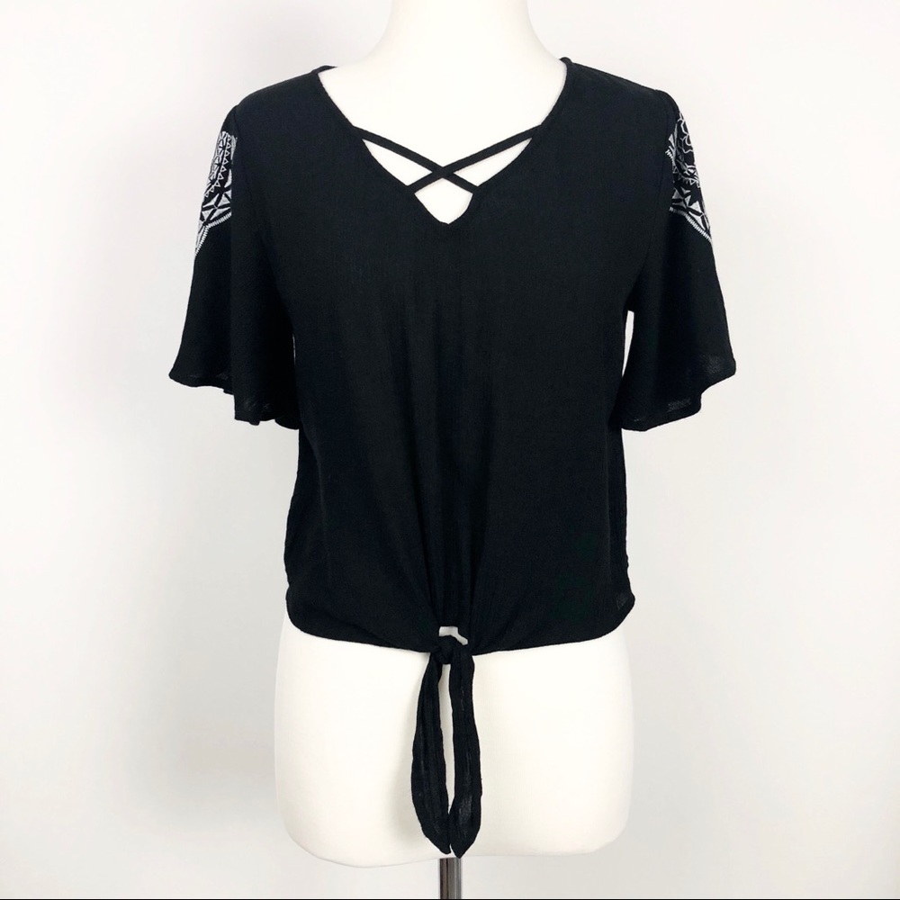 Love Fire Black & White Embroidered Tie Front Top